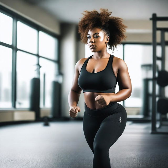 A young, tall, curvy black woman is working out in a gym