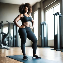 A young, tall, curvy black woman is working out in a gym