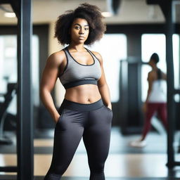 A young, tall, curvy black woman is working out in a gym