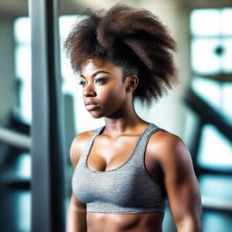 A young, tall, curvy black woman is working out in a gym