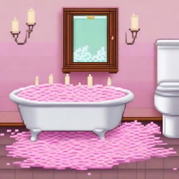 Create a pixel art image of a bathtub filled with so much foam that it spills over the sides