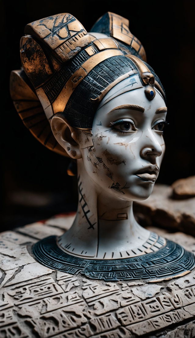 High-definition photograph of an aged, imperfect porcelain bust of Cleopatra resting on an intricate, ancient tabletop, set against a tomb background.