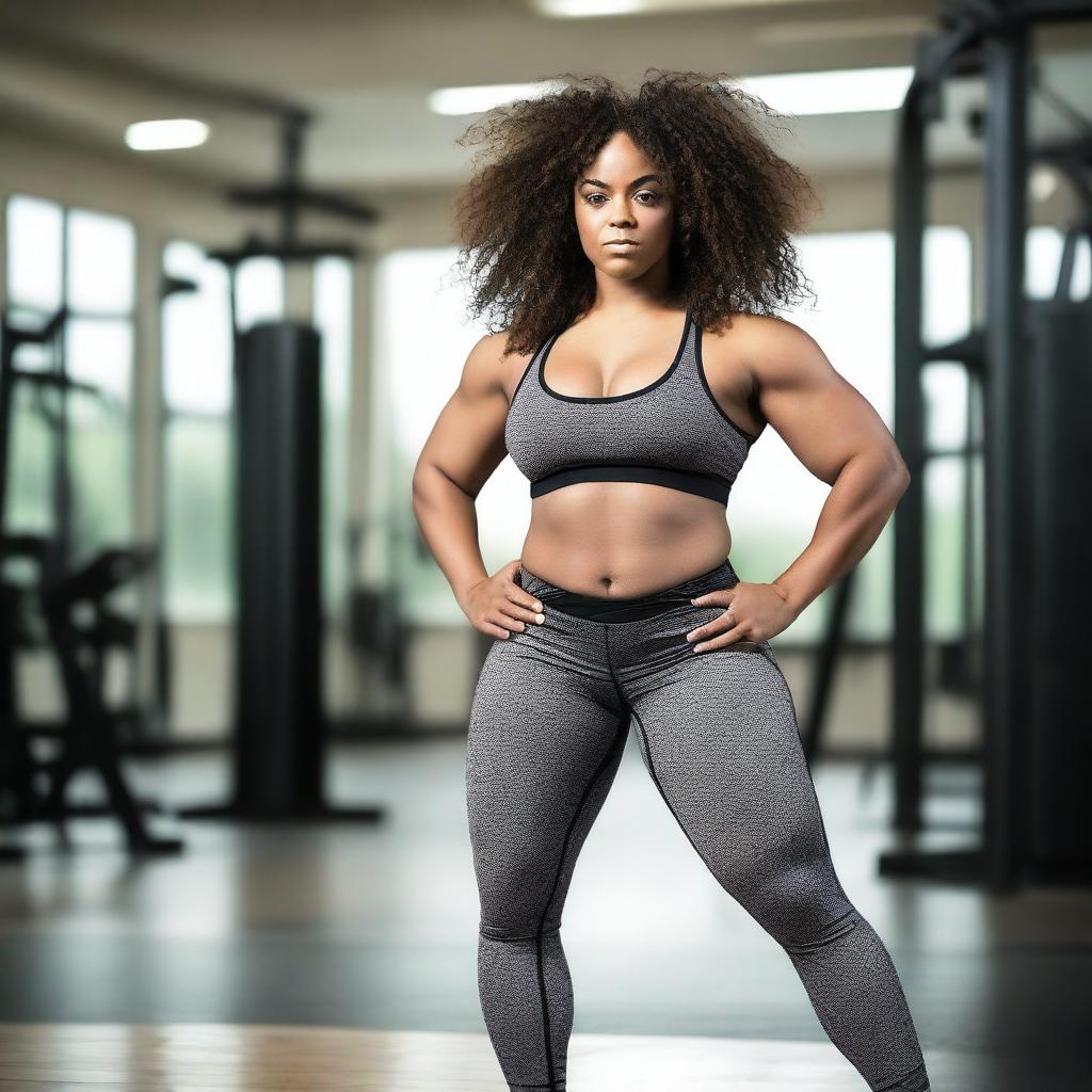 A young, tall, curvy black woman with curly hair is working out in a gym