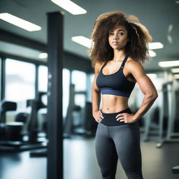 A young, tall, curvy black woman with curly hair is working out in a gym