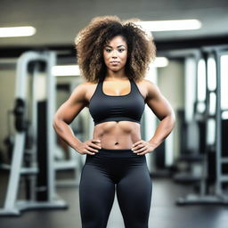 A young, tall, curvy black woman with curly hair is working out in a gym