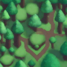 A top-down view of a dense forest rendered in pixel art style