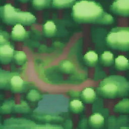 A top-down view of a dense forest rendered in pixel art style