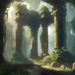 A fantasy art scene depicting ancient jungle ruins