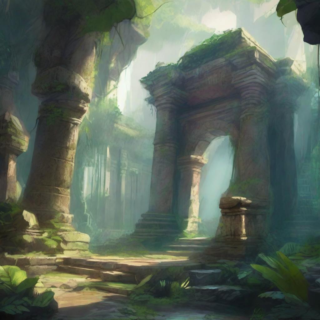 A fantasy art scene depicting ancient jungle ruins