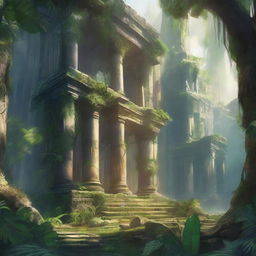 A fantasy art scene depicting ancient jungle ruins