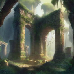 A fantasy art scene depicting ancient jungle ruins