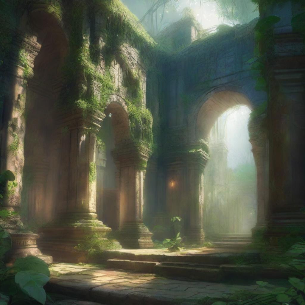 A fantasy art scene depicting jungle monastery courtyard ruins