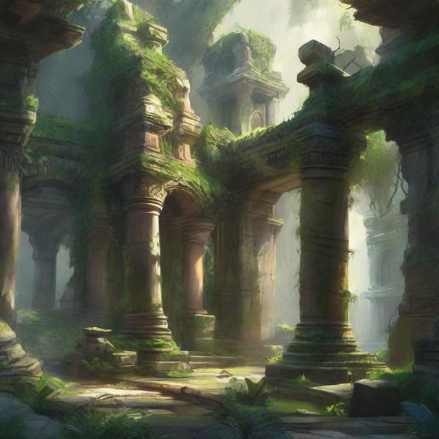 A fantasy art scene depicting jungle monastery courtyard ruins