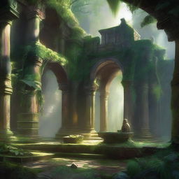 A fantasy art scene depicting jungle monastery courtyard ruins