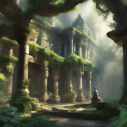 A fantasy art scene depicting a jungle monastery courtyard