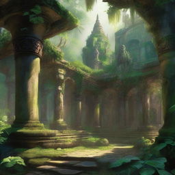 A fantasy art scene depicting a jungle monastery courtyard