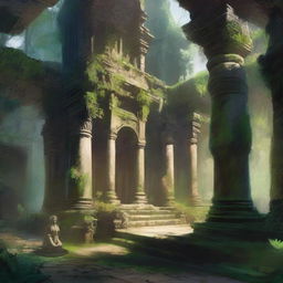 A fantasy art scene depicting a jungle monastery courtyard