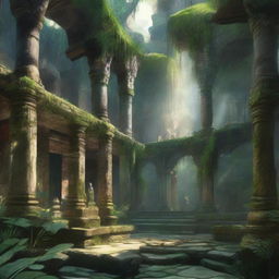 A fantasy art scene depicting a jungle monastery courtyard