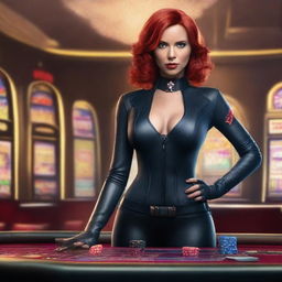 A stunning depiction of Black Widow, dressed in a sleek and stylish outfit, confidently standing in a luxurious casino