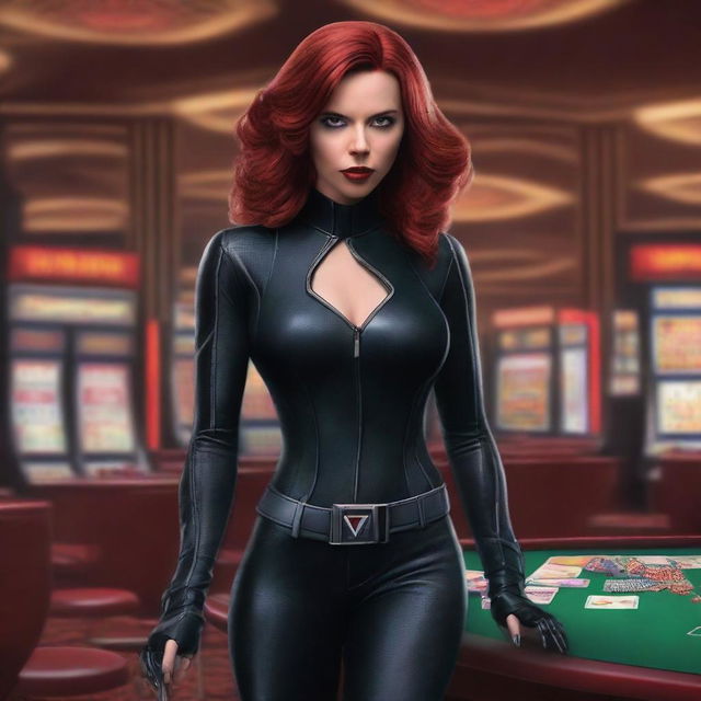 A stunning depiction of Black Widow, dressed in a sleek and stylish outfit, confidently standing in a luxurious casino