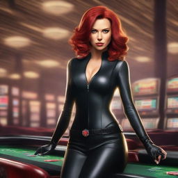 A stunning depiction of Black Widow, dressed in a sleek and stylish outfit, confidently standing in a luxurious casino