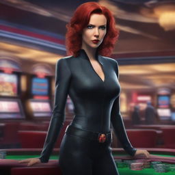 A stunning depiction of Black Widow, dressed in a sleek and stylish outfit, confidently standing in a luxurious casino