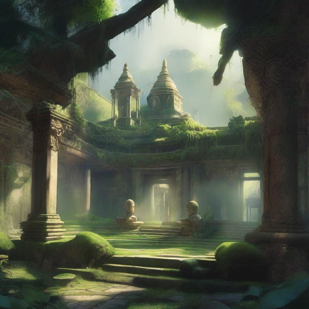 A fantasy art scene depicting a wide open jungle monastery courtyard