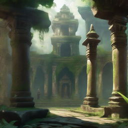 A fantasy art scene depicting a wide open jungle monastery courtyard