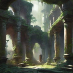 A fantasy art scene depicting a wide open jungle monastery courtyard