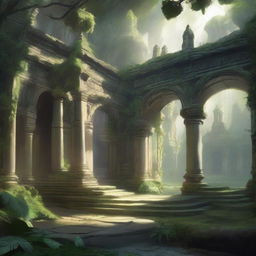 A fantasy art scene depicting a wide open jungle monastery courtyard