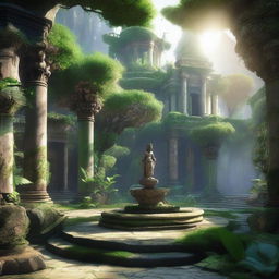 A 3D fantasy art scene depicting an open jungle mountains courtyard