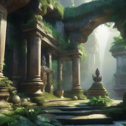 A 3D fantasy art scene depicting an open jungle mountains courtyard