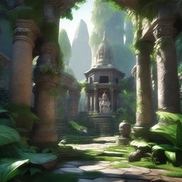 A 3D fantasy art scene depicting an open jungle mountains courtyard