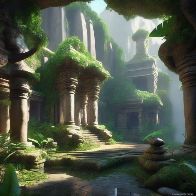 A 3D fantasy art scene depicting an open jungle mountains courtyard