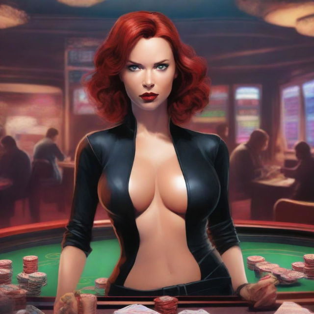 A detailed illustration of Black Widow wearing a stylish bikini in a luxurious casino setting