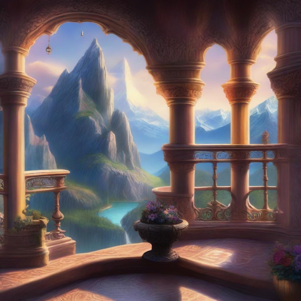 A fantasy art scene featuring a mountain balcony