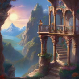 A fantasy art scene featuring a mountain balcony