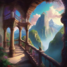 A fantasy art scene featuring a mountain balcony