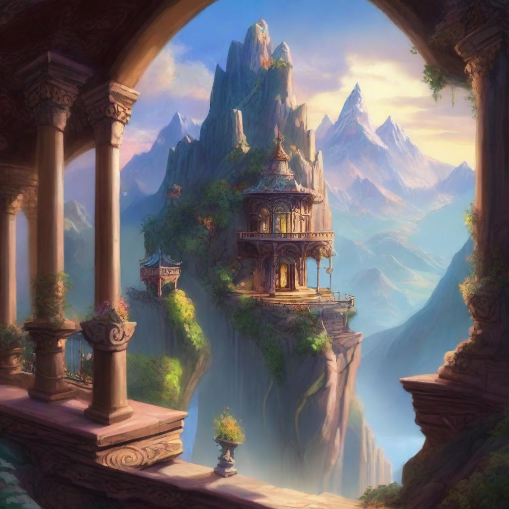 A fantasy art scene featuring a mountain balcony