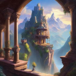 A fantasy art scene featuring a mountain balcony