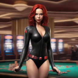 A realistic depiction of Black Widow wearing a bikini in a luxurious casino setting