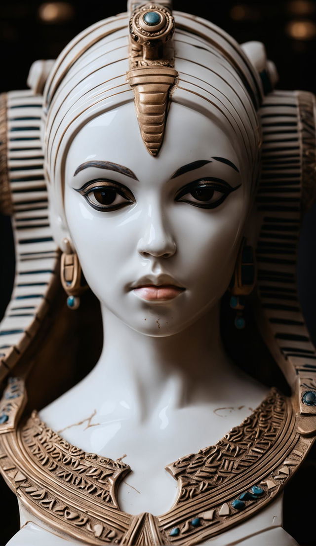 High-definition photograph of an intricately detailed ancient porcelain statue of Cleopatra, beautifully composed with ambient lighting.