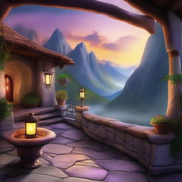 A fantasy art scene featuring a mountain patio