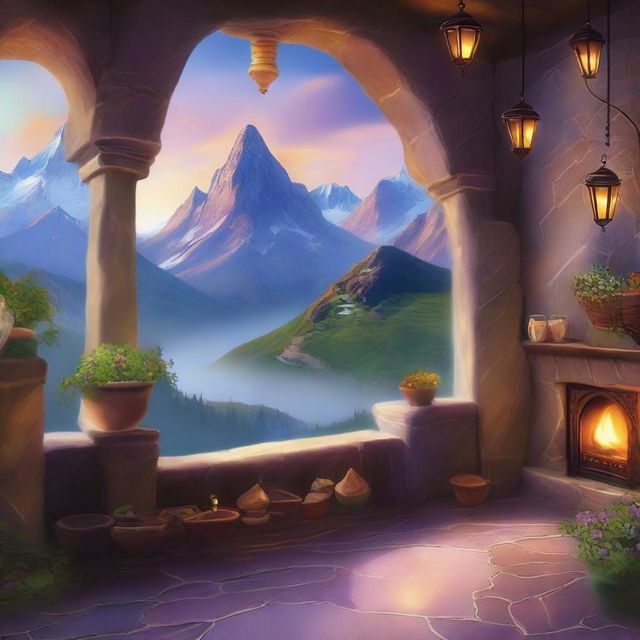 A fantasy art scene featuring a mountain patio