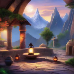 A fantasy art scene featuring a mountain patio