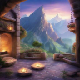 A fantasy art scene featuring a mountain patio