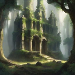 A low fantasy art scene featuring a lush jungle landscape with a hidden monastery