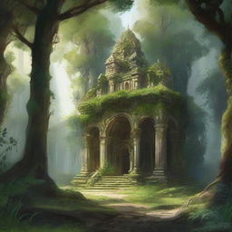 A low fantasy art scene featuring a lush jungle landscape with a hidden monastery