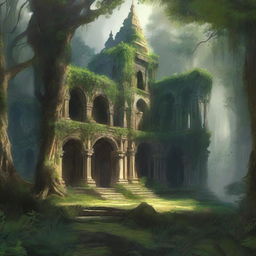 A low fantasy art scene featuring a lush jungle landscape with a hidden monastery