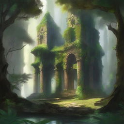 A low fantasy art scene featuring a lush jungle landscape with a hidden monastery